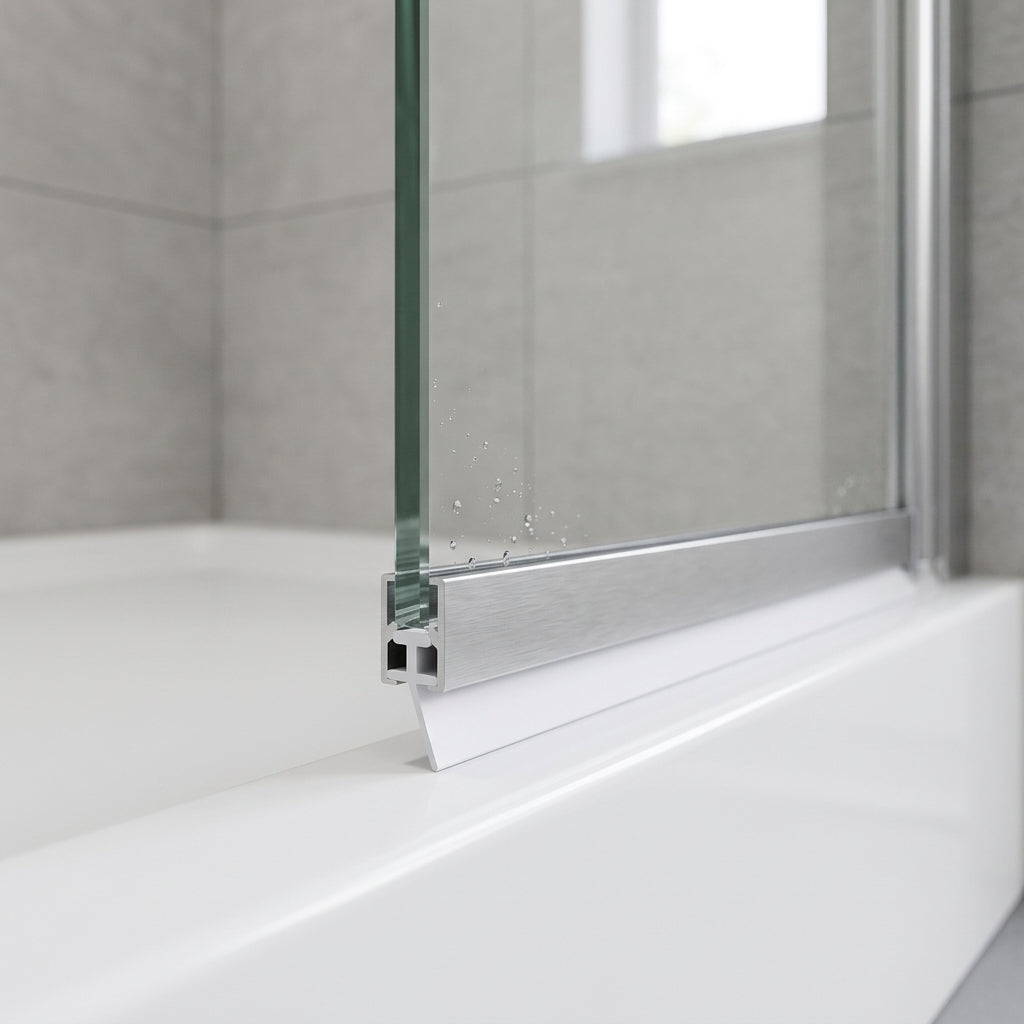 White 5mm T-head shower seal fitted in the bottom rail channel of a bifold shower door, blade resting on the tray