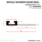 Diagram headed 'Bifold Shower Door Seal' in mm: 26mm overall, 4mm rigid channel, 6mm cavity, 17mm soft blade
