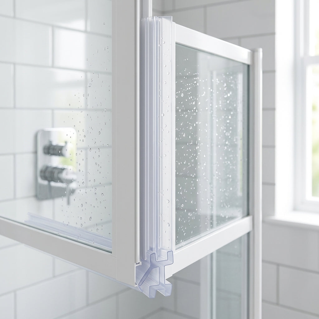 Clear bifold shower screen channel seal fitted vertically on a bifold door upright, fin blade sealing the gap to the glass panel
