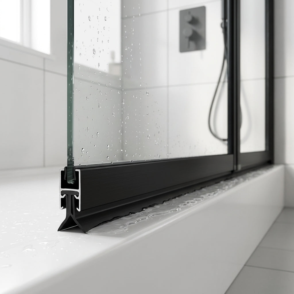 Black 4mm T-width bifold shower seal fitted in the bottom channel of a black-framed shower door, sealing to the tray
