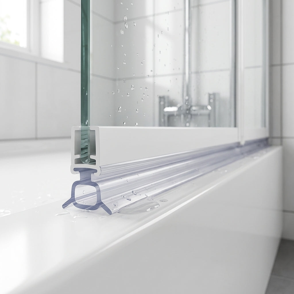 Clear 5mm T-width bifold shower seal in the bottom channel of a shower door, sealing a 3-8mm gap to the tray