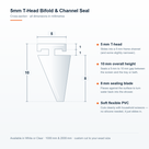Cross-section of the 5mm T-head bifold channel shower seal: 5mm head, 10mm overall height, 8mm sealing blade