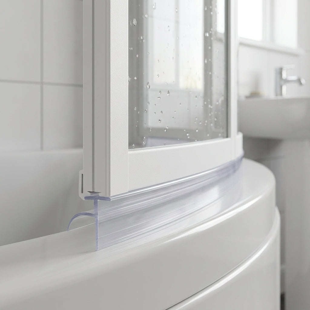 Clear 6mm T-width bifold seal fitted in the curved bottom channel of a bath screen, sealing a 7-12mm gap