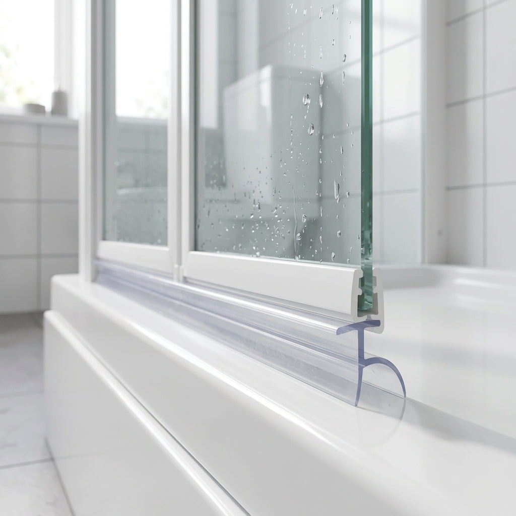 Clear 6mm T-width bifold seal in a shower door bottom channel over a tray, sealing a 7-12mm gap