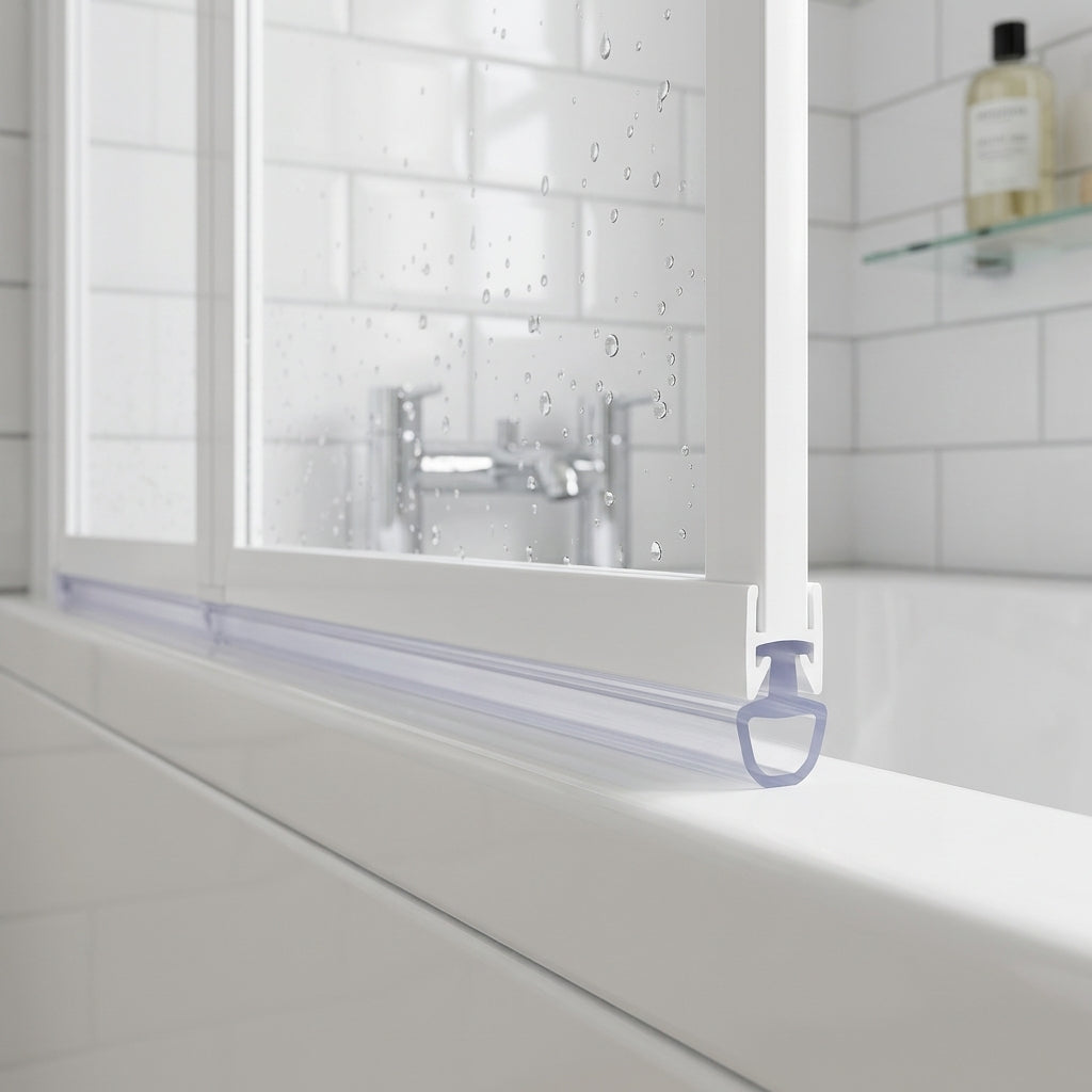 Clear 7mm T-width bifold seal in the bottom channel of a bath screen, sealing a 5-10mm gap to the bath rim