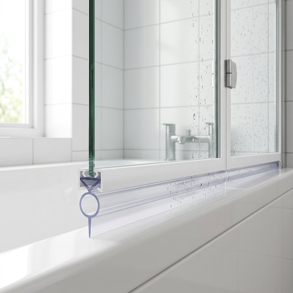 Clear 7mm T-width bifold shower seal in the bottom channel of a bath screen, sealing a 7-12mm gap to the bath rim