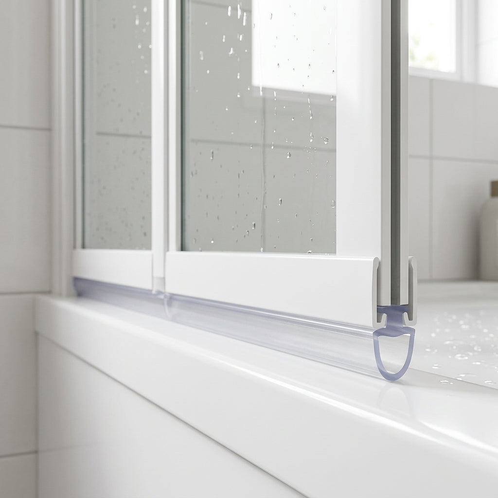 Clear 8mm T-width bifold seal with tall blade in a shower door bottom channel, sealing an 8-13mm gap