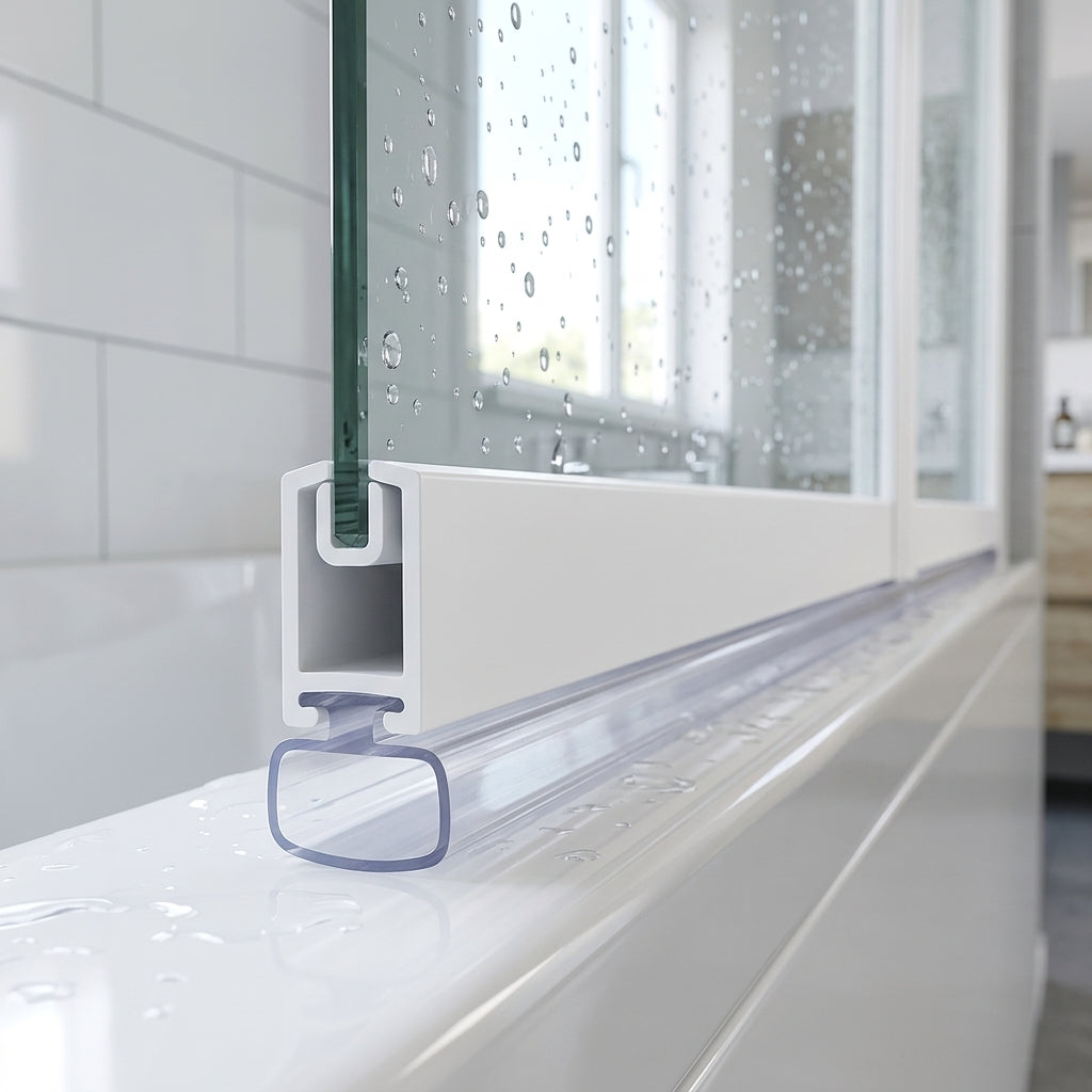 Clear 8mm T-width bifold shower seal in the bottom channel of a bath screen, sealing a 4-9mm gap to the bath rim