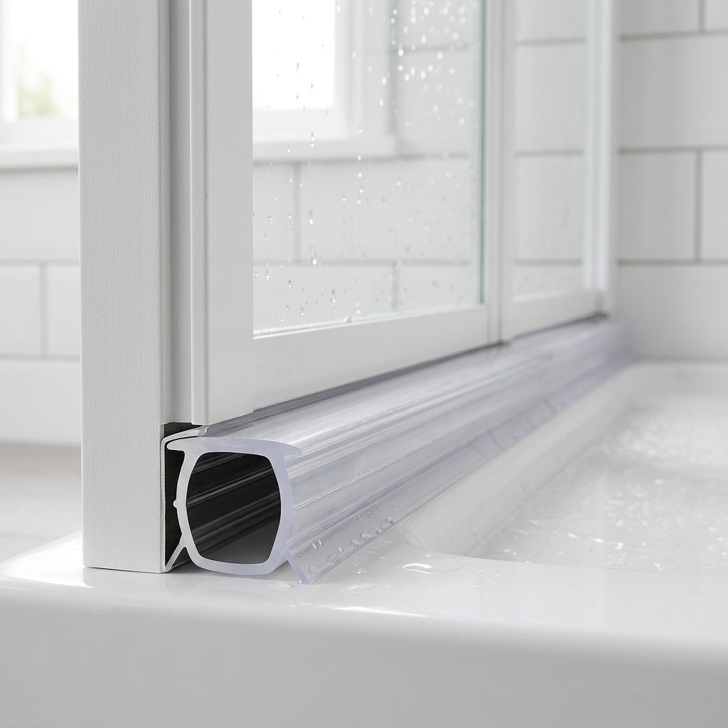 Clear push-in bifold shower seal fitted into a 9-11mm recess on the bottom rail of a shower door