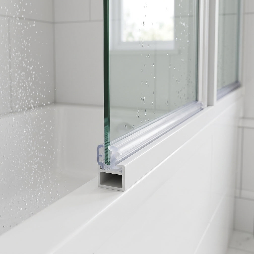 Clear 9mm tee seal pushed between the glass pane and aluminium frame on a bifold shower door bottom rail