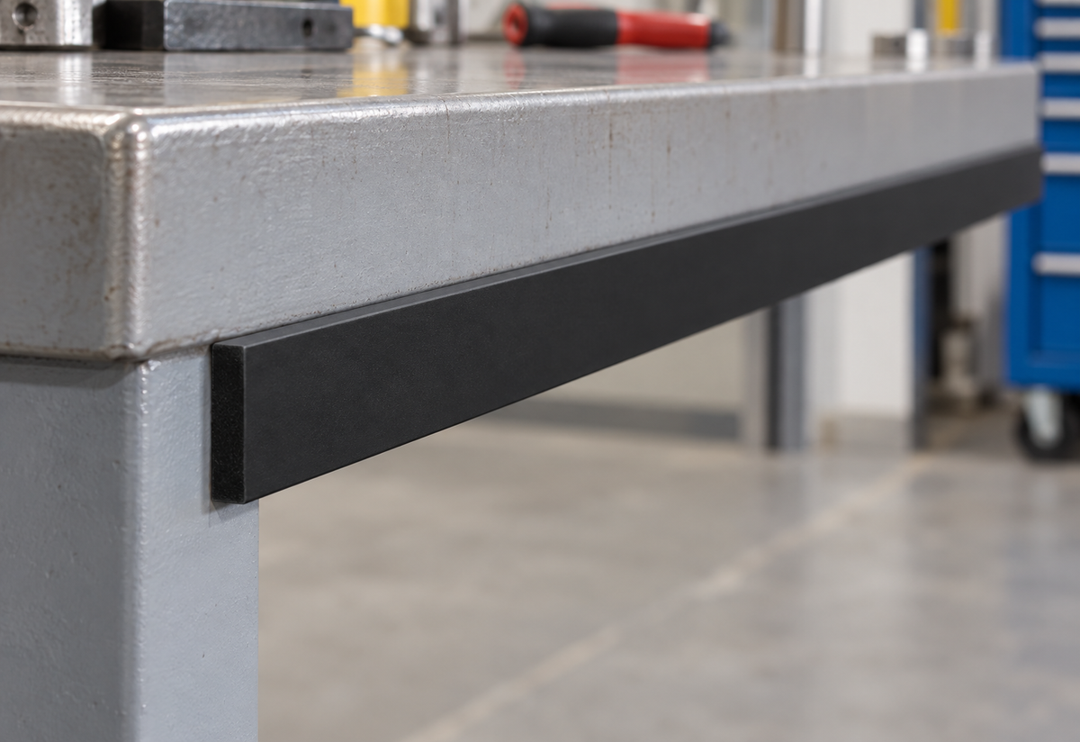 Illustrative 25 x 5mm black heavy-duty rigid PVC flat bar installed as an industrial bump strip