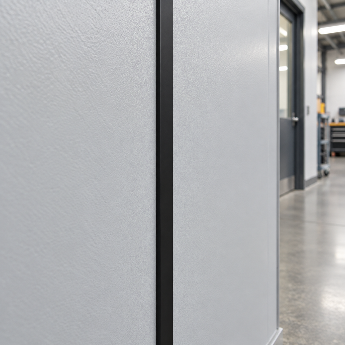 Illustrative 12 x 2.6mm black PVC flat bar installed as a commercial wall cover strip