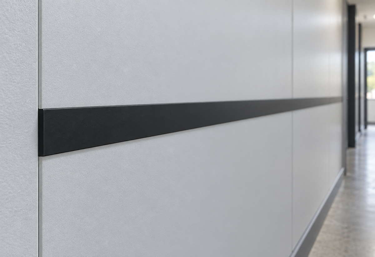 Illustrative 19 x 2.7mm black PVC flat bar installed as a commercial wall cover strip
