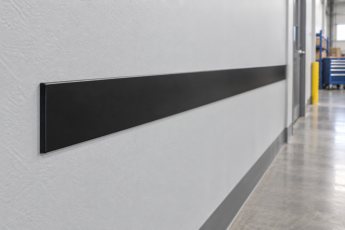 Illustrative 50 x 3mm black PVC flat bar installed as an industrial wall bump strip