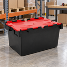 Illustrative warehouse use of black-and-red polypropylene hinged-lid crate, 80L, 710 × 460 × 368mm