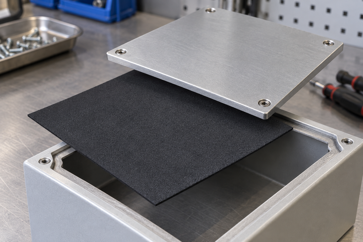 Illustrative black silicone sponge sheet for enclosure sealing, 200 × 200 × 1.5mm