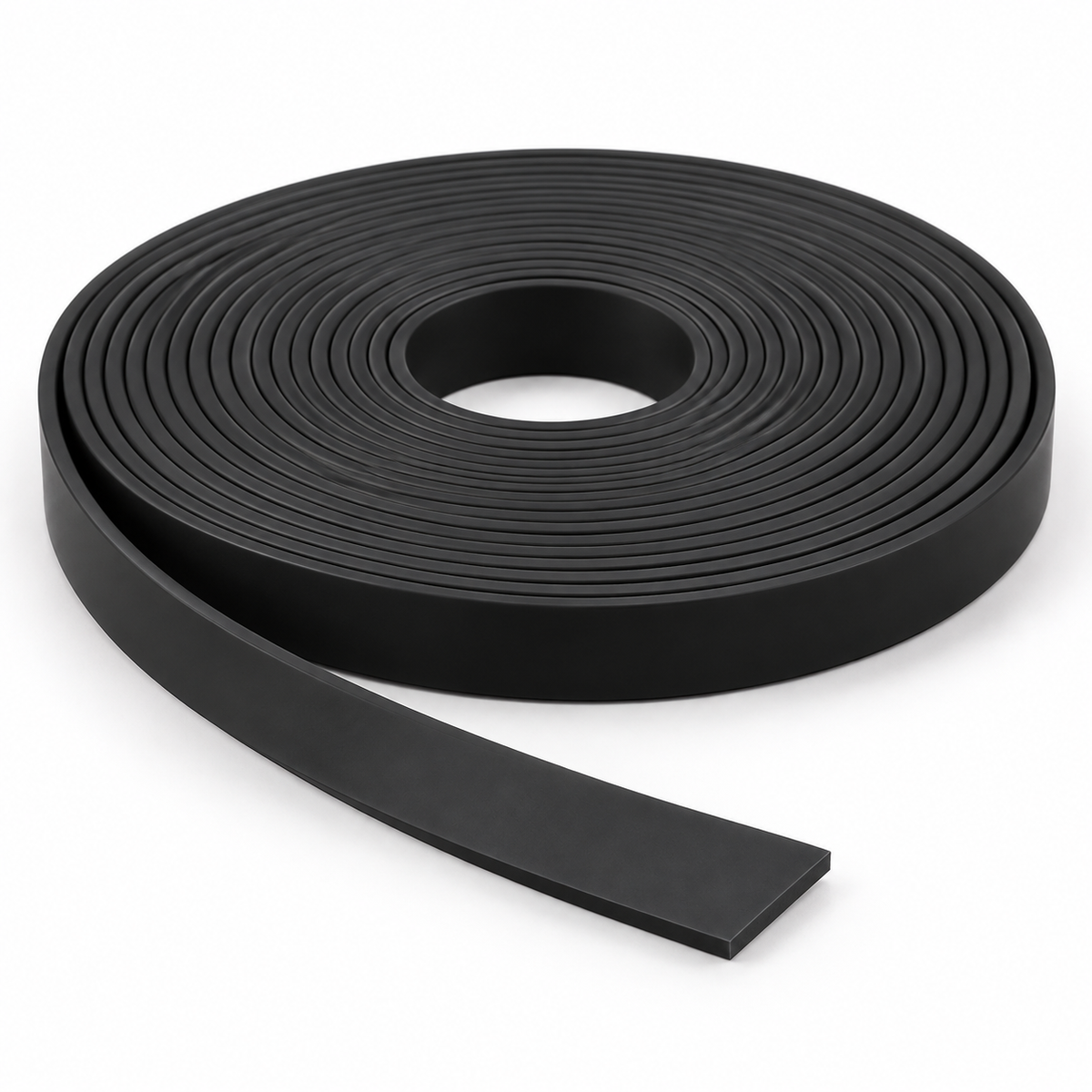 Black solid silicone strip with a flat 20mm x 3mm profile, supplied as one 10m length without adhesive