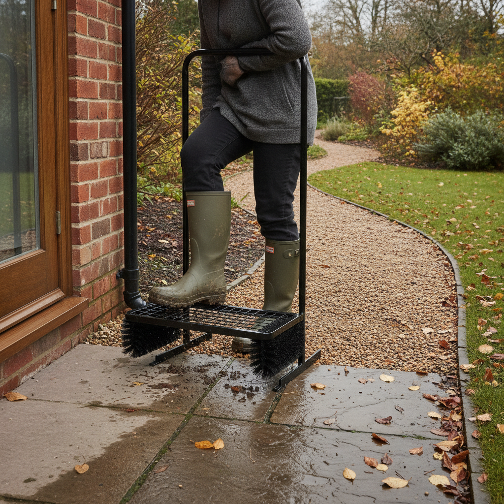 Black powder-coated freestanding boot scraper and wiper outside a UK back door, person cleaning muddy green wellington boots on the built-in scraper and brushes