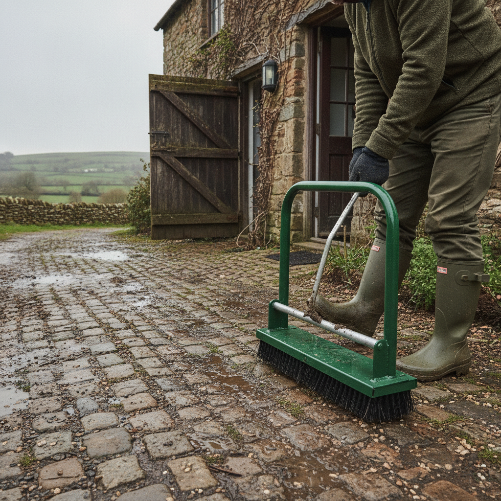 Green powder-coated freestanding boot scraper and wiper outside a stable or farmhouse entrance, person cleaning muddy wellington boots on the brushes
