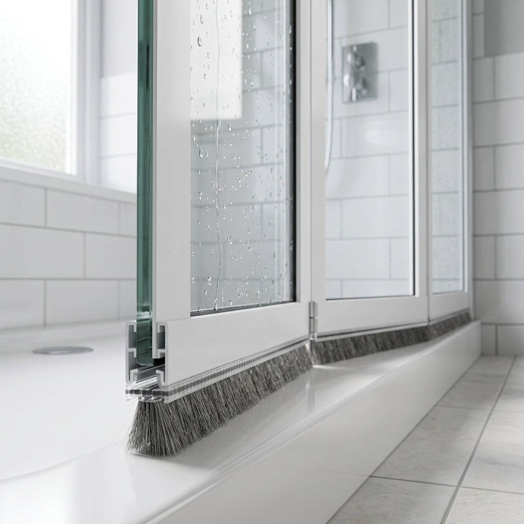 Brush seal with 5mm T backing and 10mm bristles bridging the gap under a bifold shower door