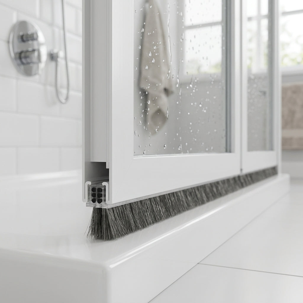 Brush seal with 5mm T backing and deep 12mm bristles bridging a large gap under a bifold shower door