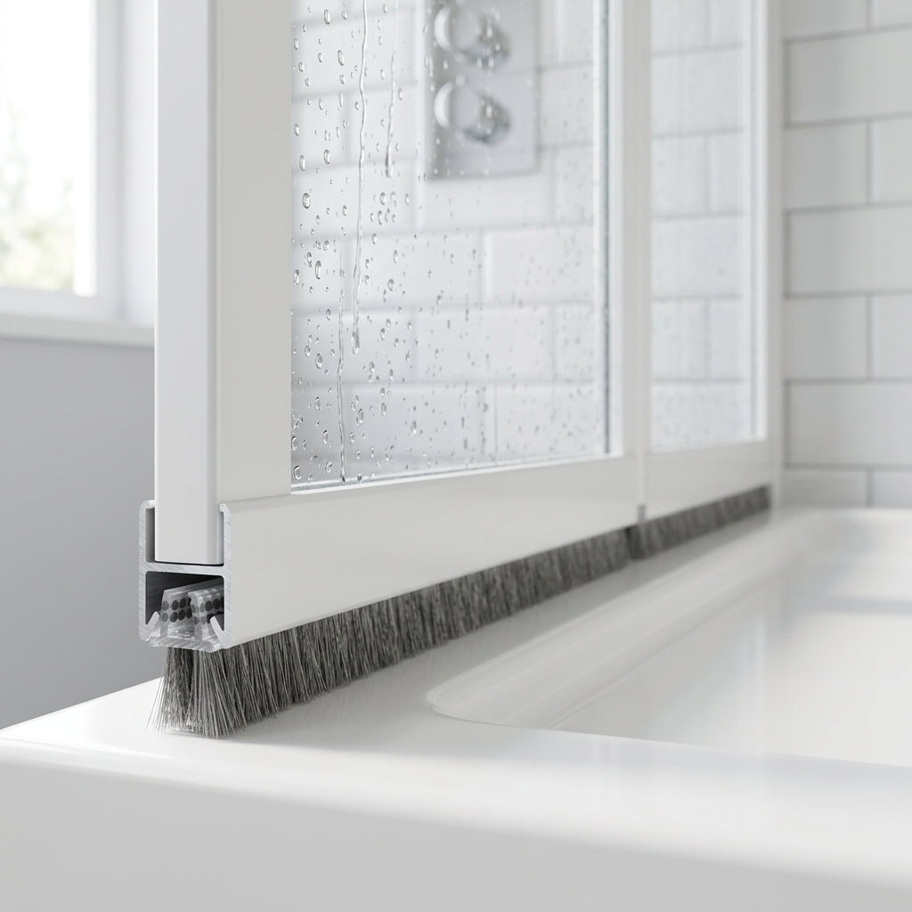 Brush seal with 5mm T backing and 6mm bristles fitted in the bottom channel of a bifold shower door