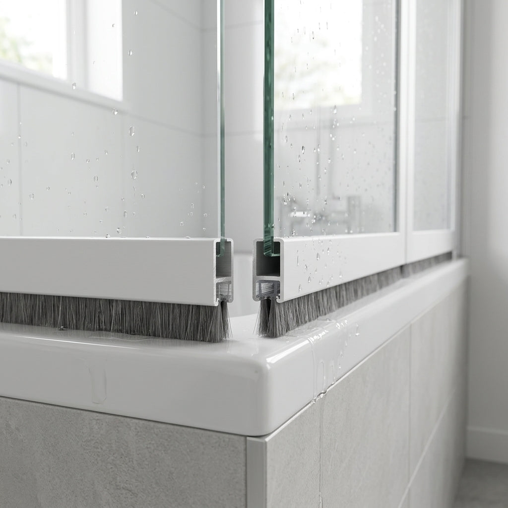 Brush seal with 5mm T backing and 8mm bristles fitted in the bottom channel of a bifold bath screen