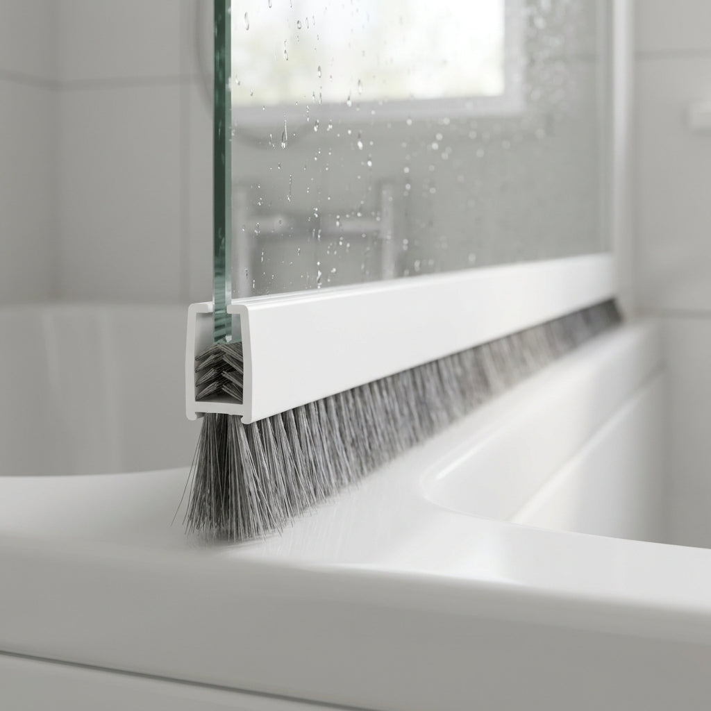 Brush seal with 6mm T backing and deep 12mm bristles bridging a large gap under a bifold bath screen