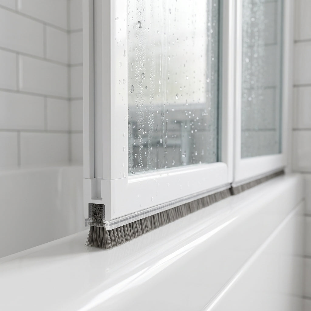 Brush seal with 6mm T backing and 6mm bristles fitted in the bottom channel of a bifold bath screen