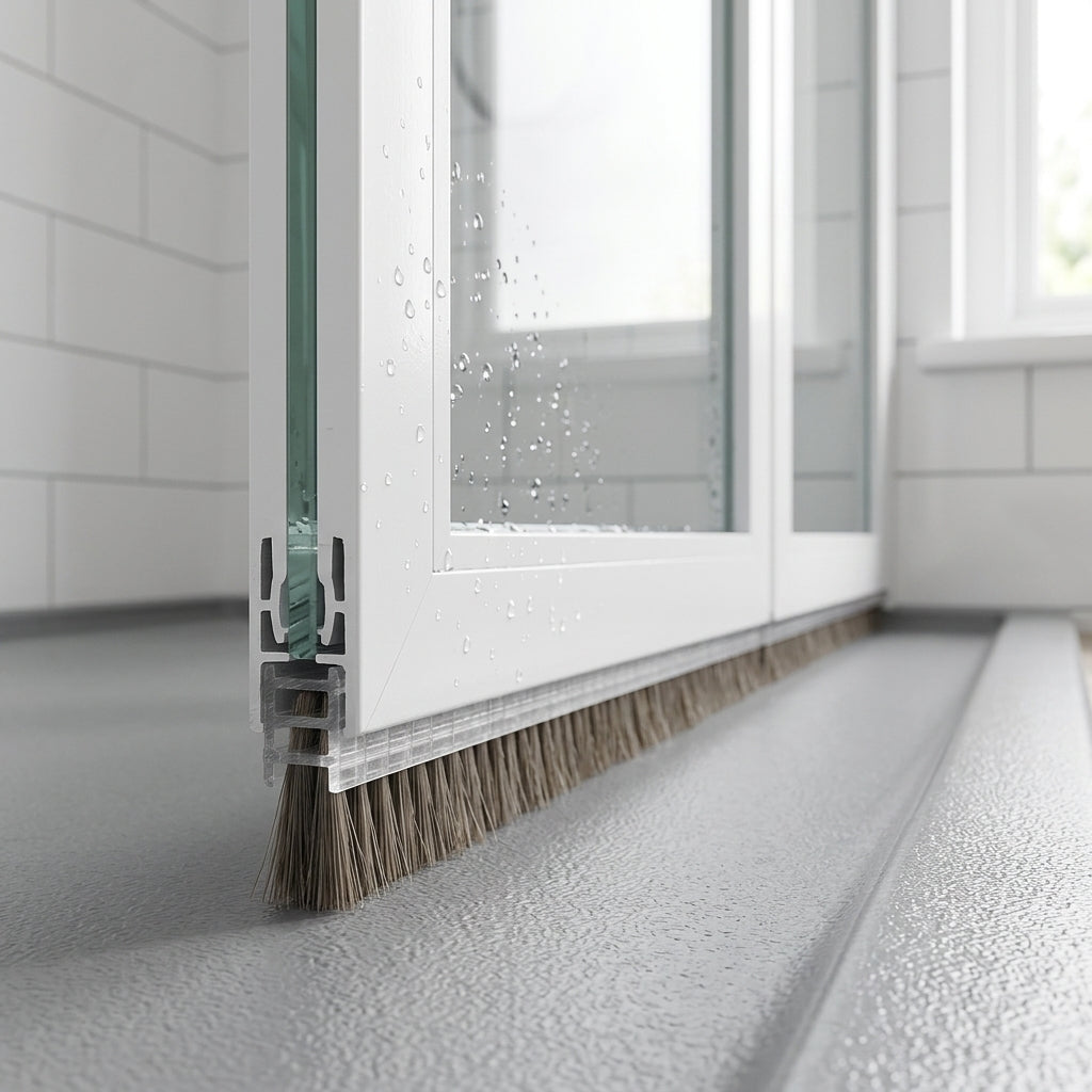Brush seal with 6mm T backing and 8mm bristles fitted in the bottom channel of a bifold shower door