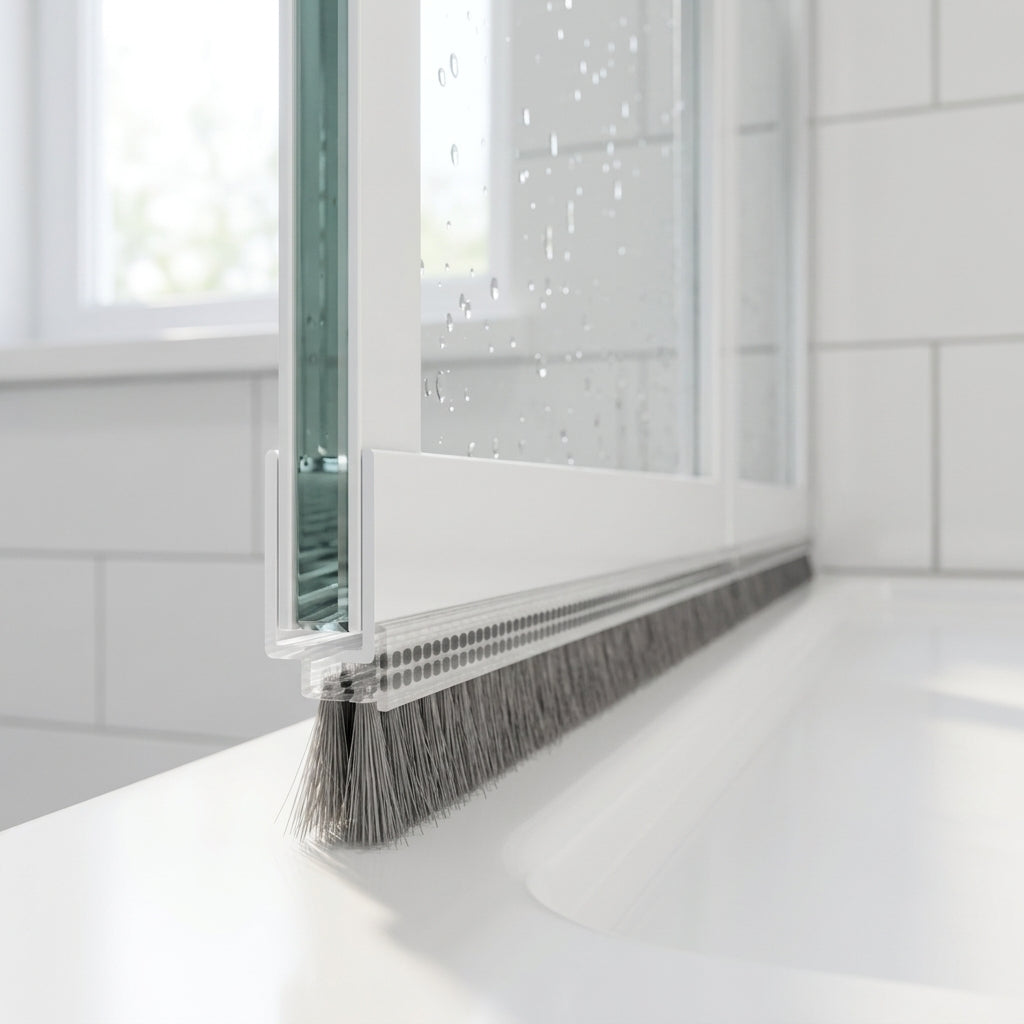 Brush seal with 7mm T backing and deep 12mm bristles bridging a large gap under a bifold shower door