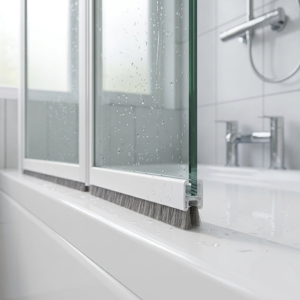 Brush seal with 7mm T backing and 6mm bristles in the bottom channel of a bifold shower door
