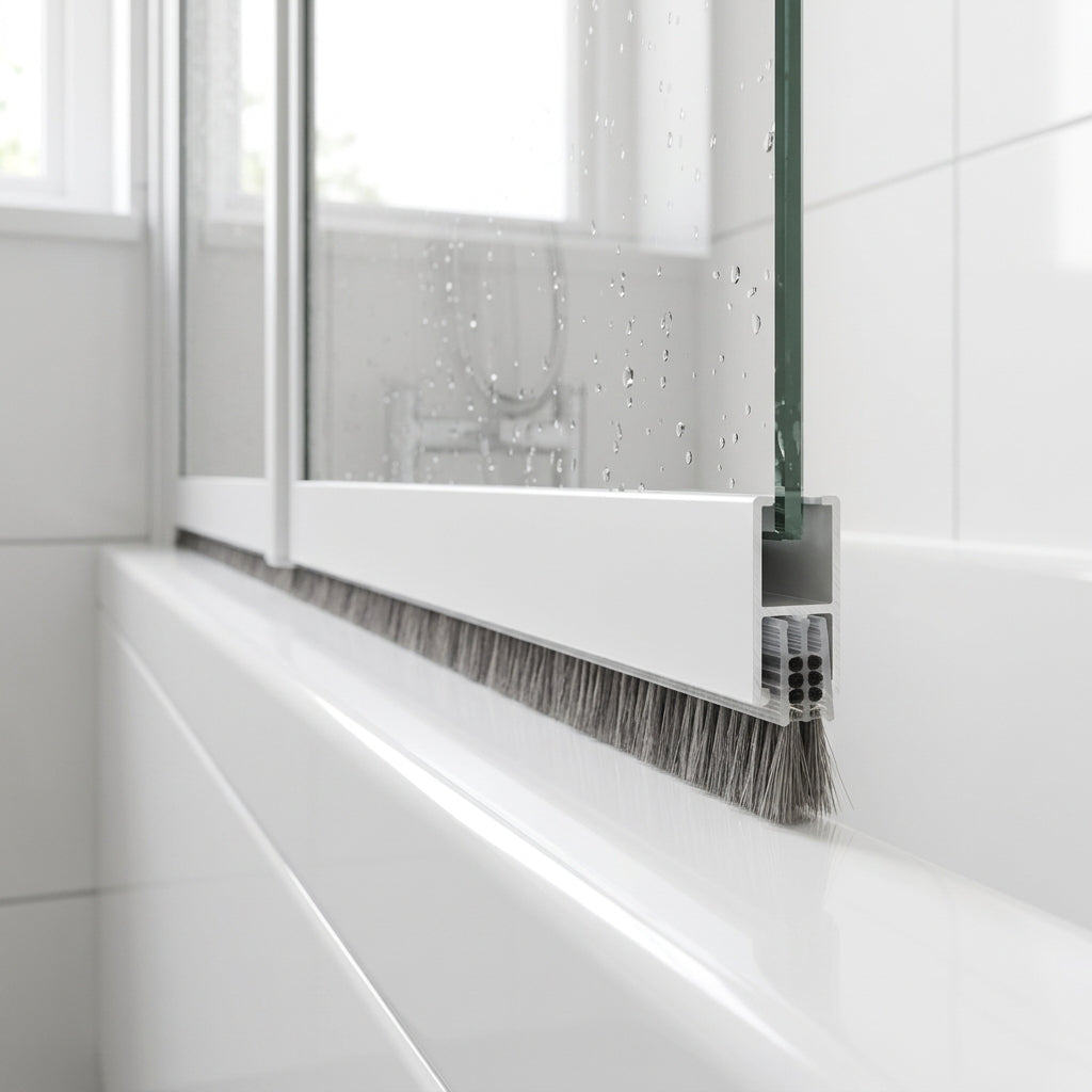 Brush seal with 7mm T backing and 8mm bristles in the bottom channel of a bifold bath screen