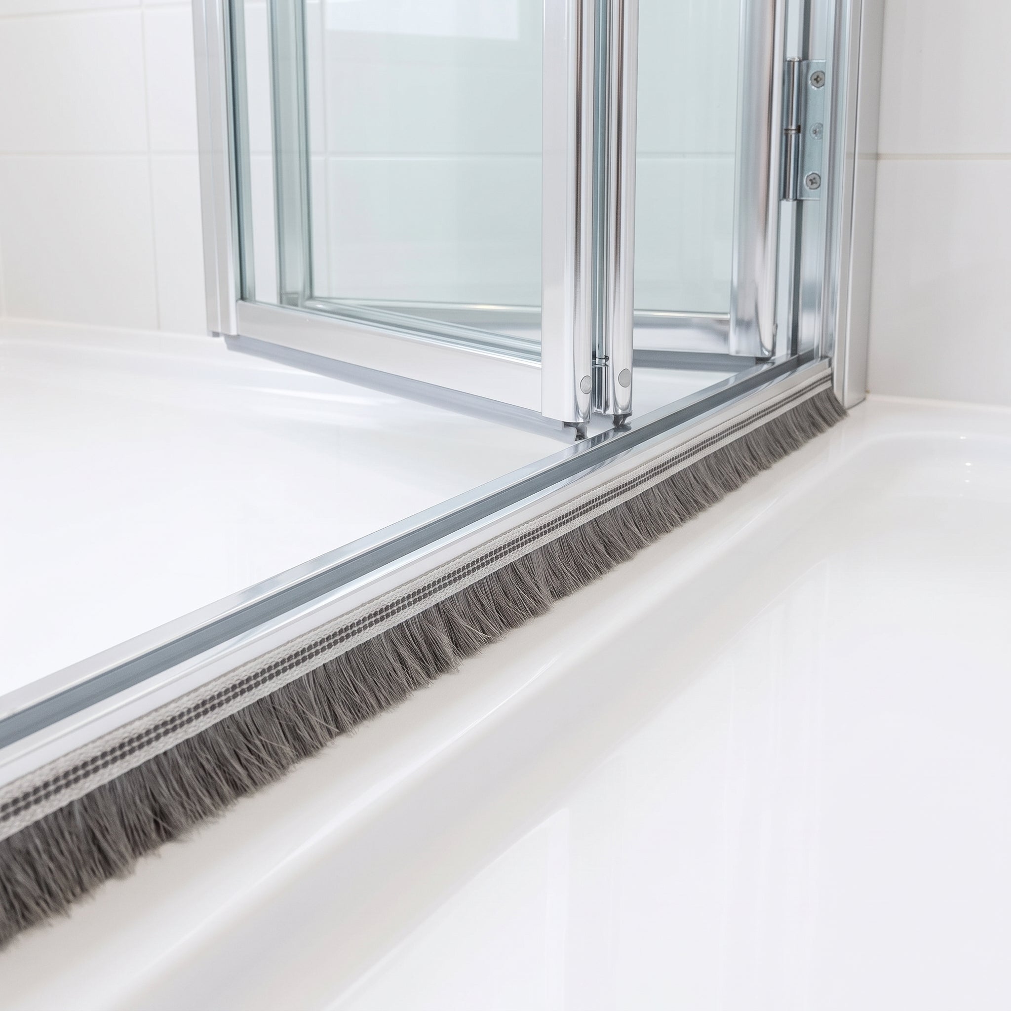 Grey brush seal with 5mm carrier and 6mm bristles fitted along the bottom track of a bifold shower door