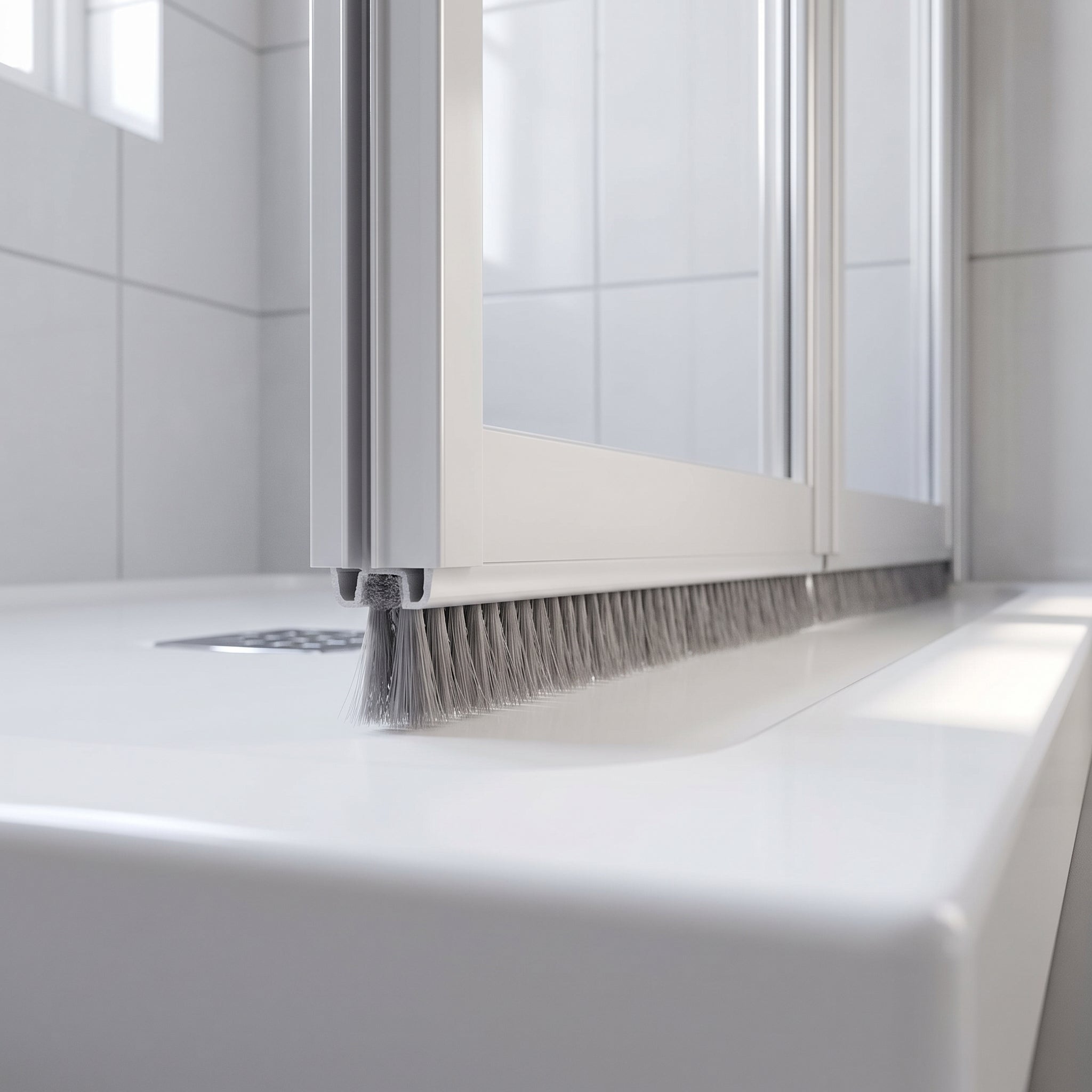 Grey 8mm brush seal sweeping the gap under a bifold shower door bottom rail to the tray