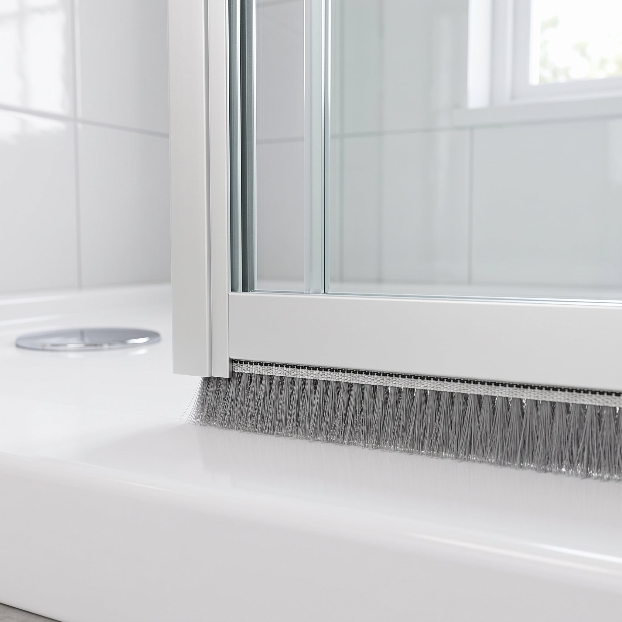 5mm x 12mm brush seal under a bifold shower door frame - grey bristles closing the gap to the tray