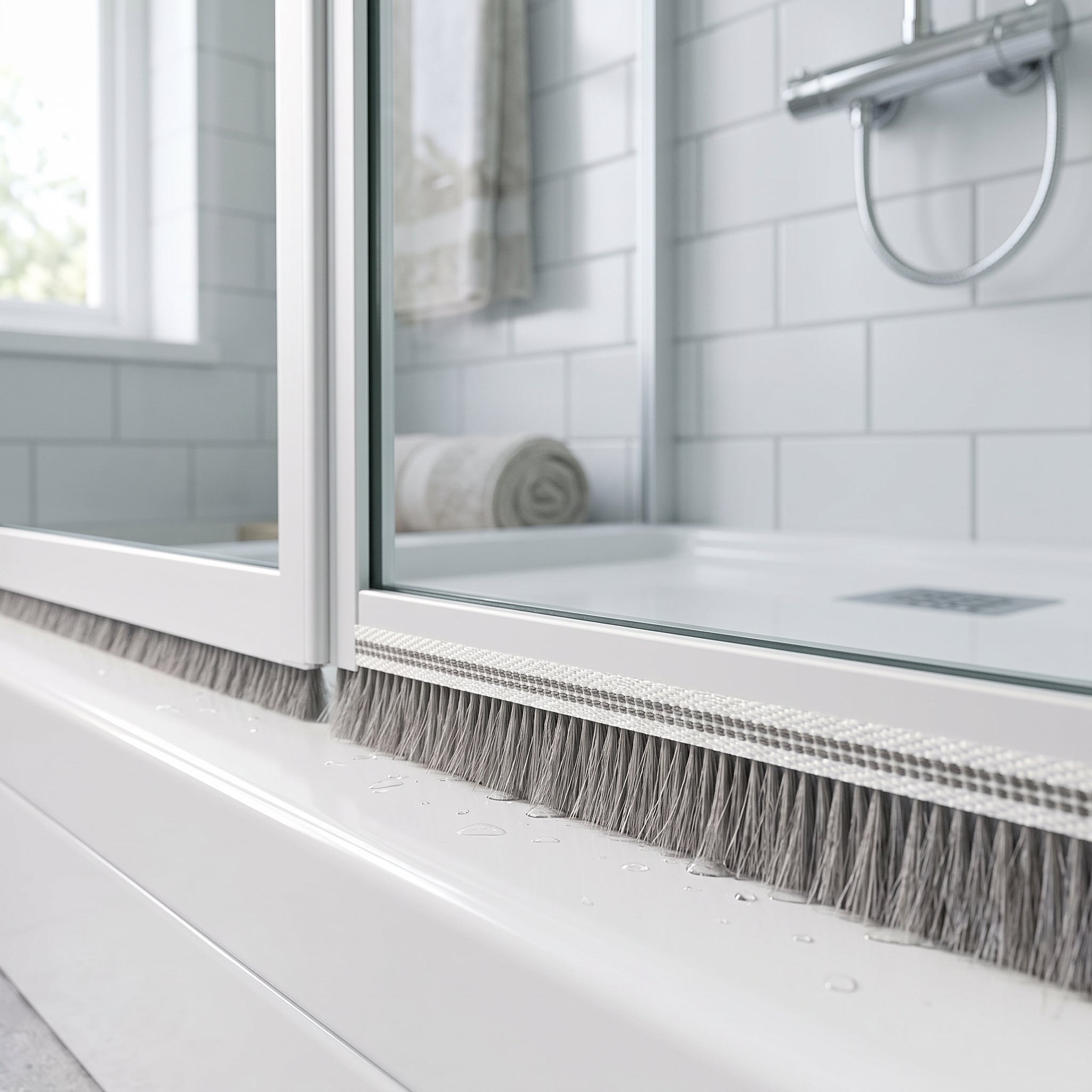 6mm x 12mm brush seal fitted along the bottom rail of a bifold shower door, grey bristles closing the gap to the tray