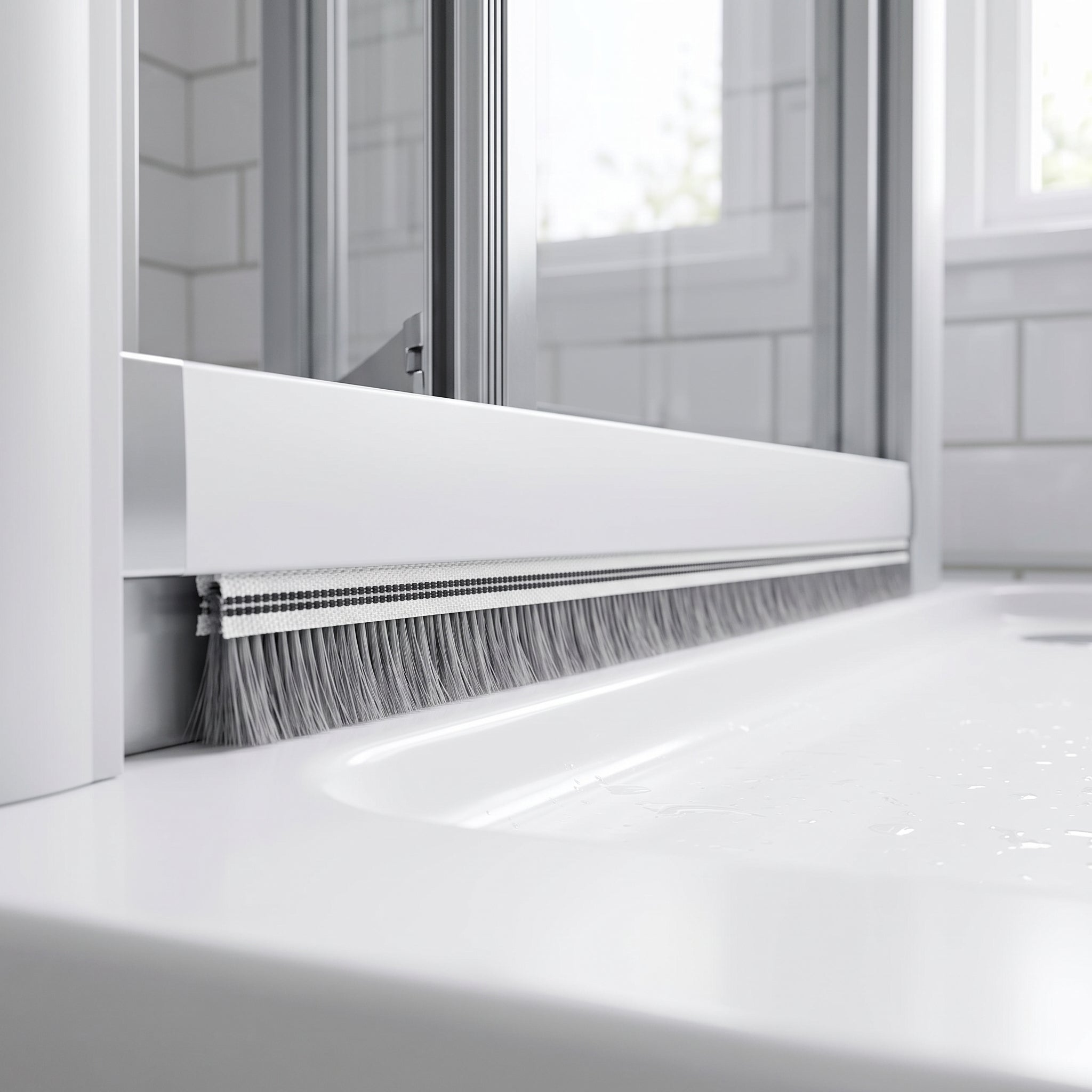 Grey 12mm brush seal sweeping the tall gap under a bifold shower door bottom rail
