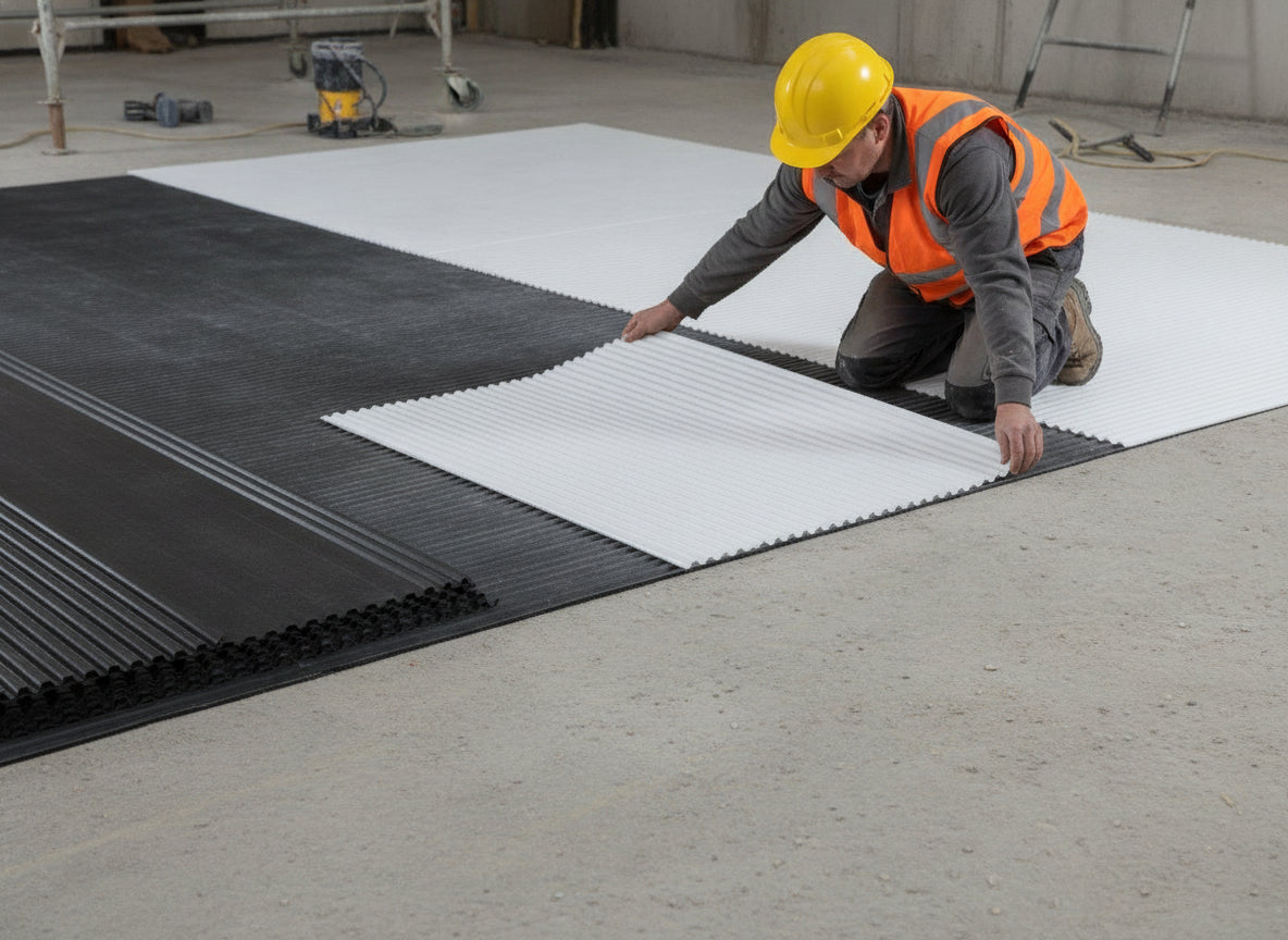 Black and white corrugated polypropylene sheets used as floor protection on UK construction site