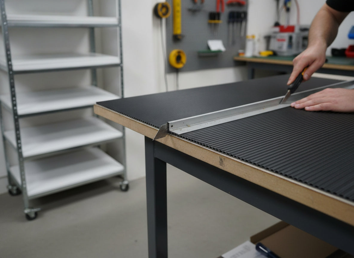 Black corrugated polypropylene sheet being cut to size in workshop showing fluted edge detail
