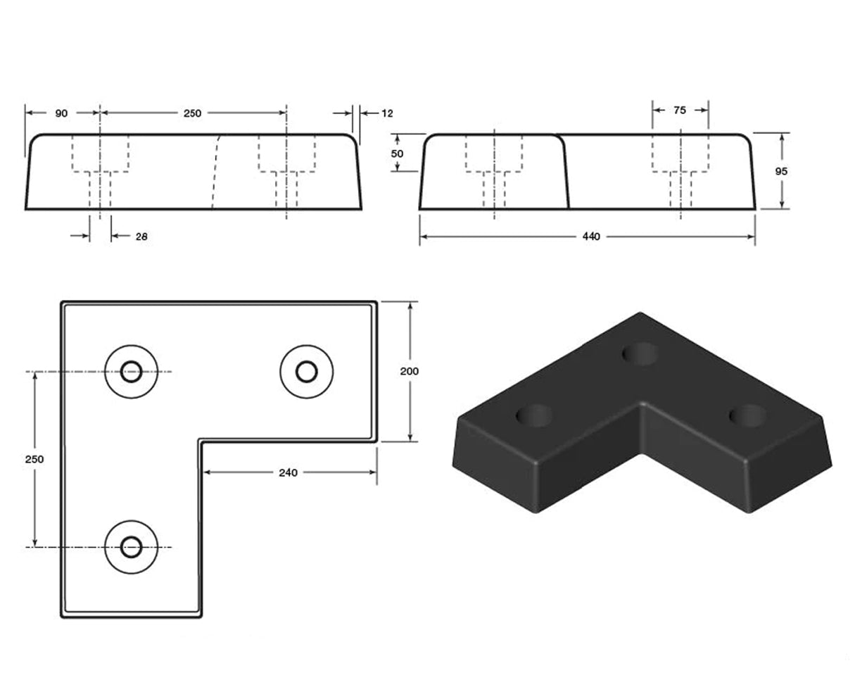 L Shaped Rubber Dock Bumper 440 x 440 x 95mm