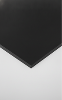 Black HDPE sheet corner on a pale grey background, glossy top face and square-cut dark edge