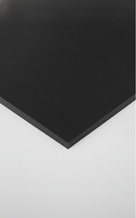Black HDPE sheet in a tall crop, matt face filling the frame above a square-cut edge on a pale grey ground