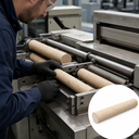 Operator fitting tan phenolic cotton rollers into a machine frame, circular inset of a single rod