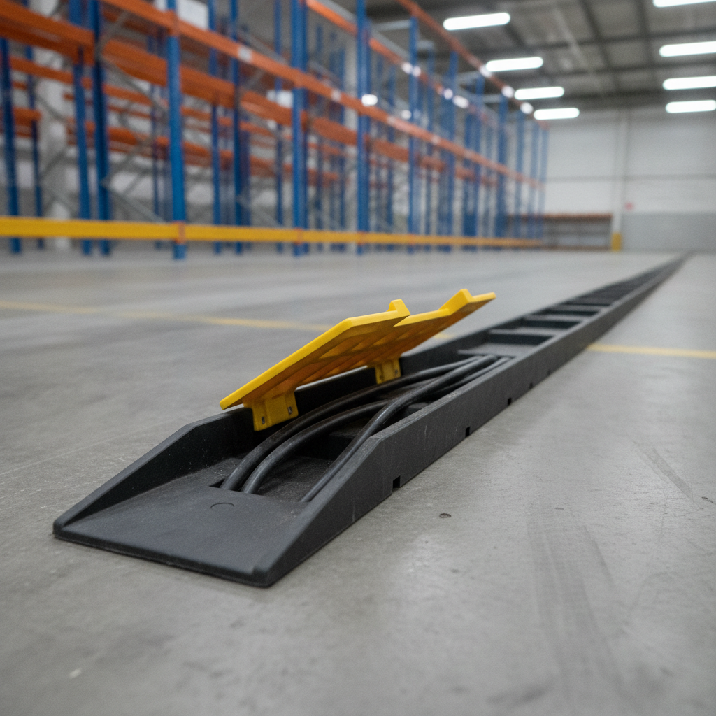 Black rubber 3 channel cable protector ramp with yellow lid open and cables inside, on a warehouse floor by pallet racking