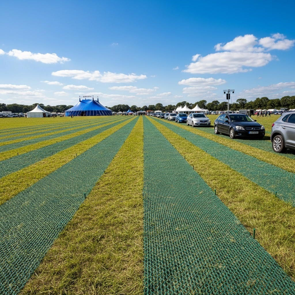cars driving on green grass protection mesh at outdoor event car park