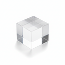 Single clear acrylic cube standing on a white studio background, edges catching the light.