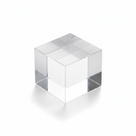 Single clear acrylic cube standing on a white studio background, edges catching the light.