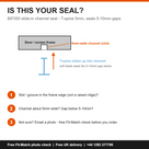 Fit-check diagram headed 'Is this your seal?' - T-spine slides up into a 5mm frame channel, blade seals the gap below