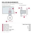 Measurement guide for the chrome lower shower door roller: wheel diameter 20, 23 or 25mm, wheel thickness 6mm, hole in glass 8-11mm, glass 5-6mm, hole centre 17mm from edge, wheel 18mm from glass front